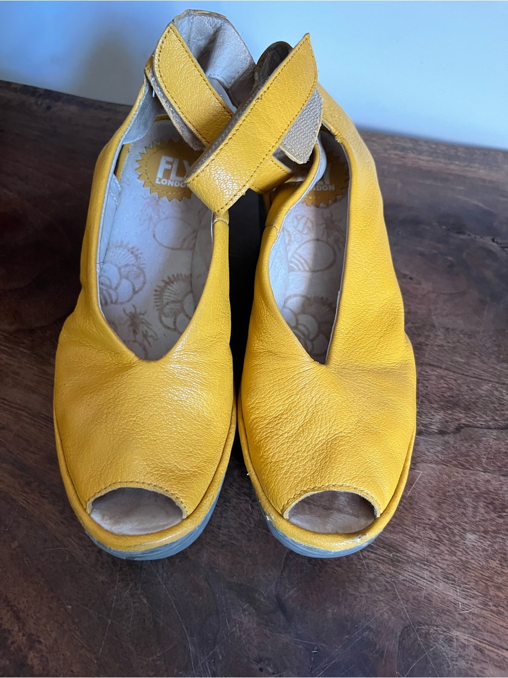 Fly London Yellow Leather Wedge Sandals 38